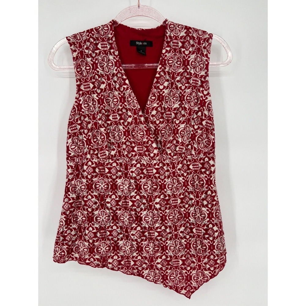 Style & Co. Red and White Floral Sleeveless Pullover V Neck Shirt Womens Sz M